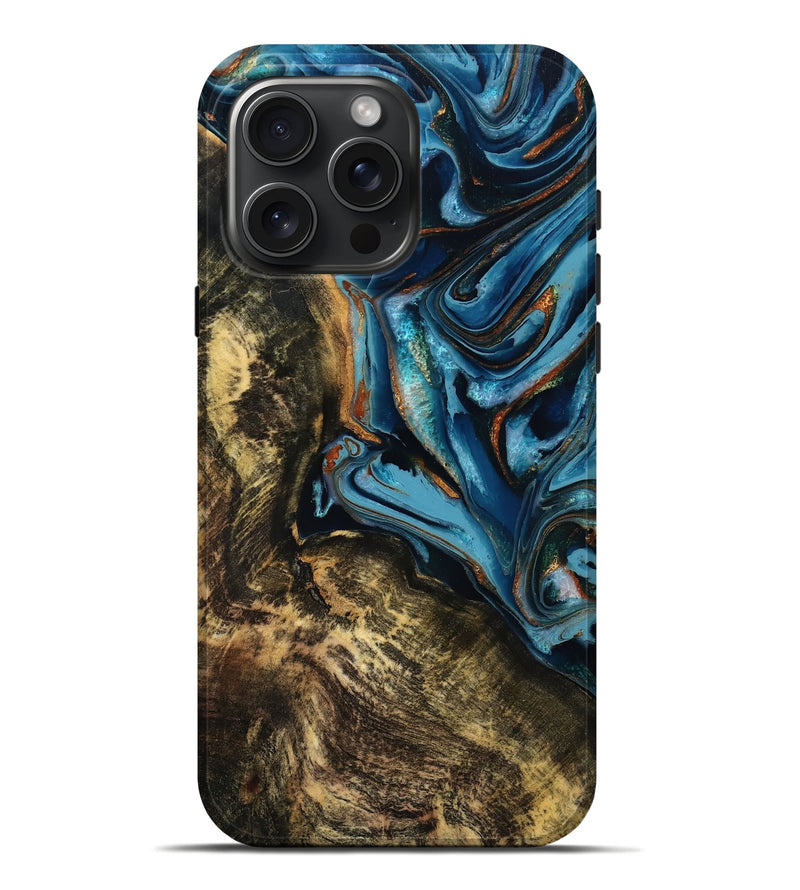 iPhone 16 Pro Max Wood Live Edge Phone Case - General (Teal & Gold, 781003)