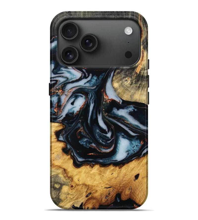 iPhone 17 Pro Max Wood Live Edge Phone Case - Mathias (Teal & Gold, 781005)