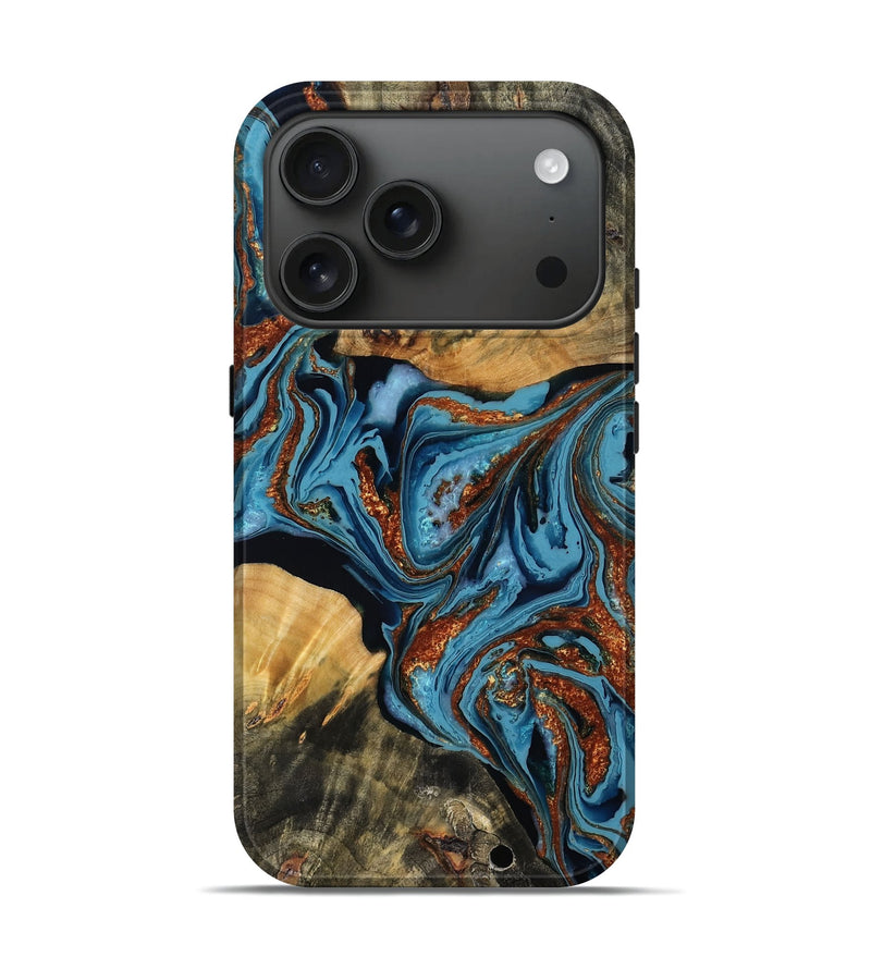 iPhone 17 Pro Wood Live Edge Phone Case - Amara (Teal & Gold, 781034)