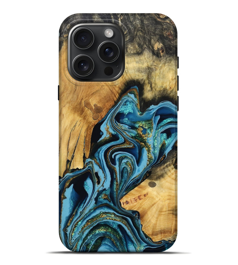iPhone 16 Pro Max Wood Live Edge Phone Case - Donny (Teal & Gold, 781231)