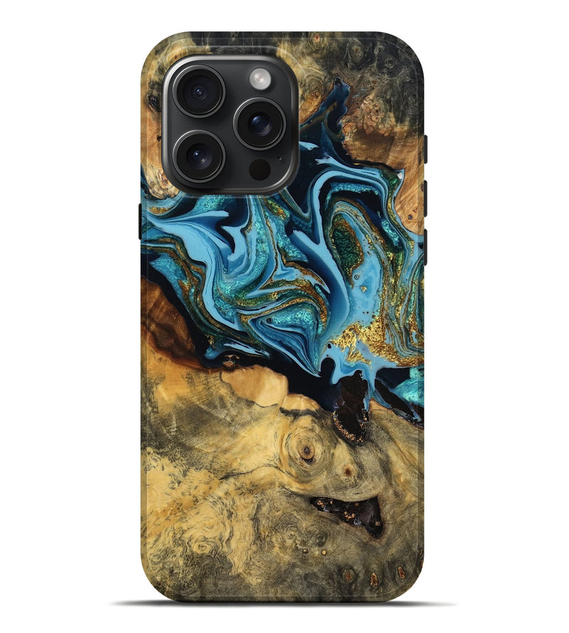 iPhone 16 Pro Max Wood Live Edge Phone Case - Hollis (Teal & Gold, 781250)