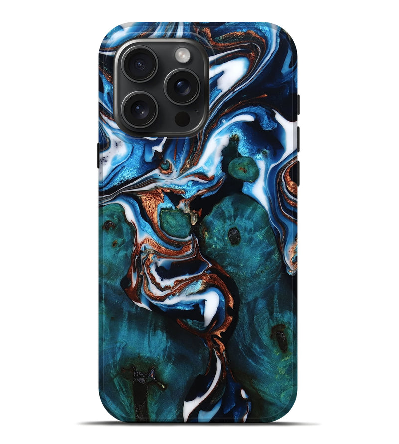 iPhone 16 Pro Max Wood Live Edge Phone Case - Aleta (Teal & Gold, 781253)