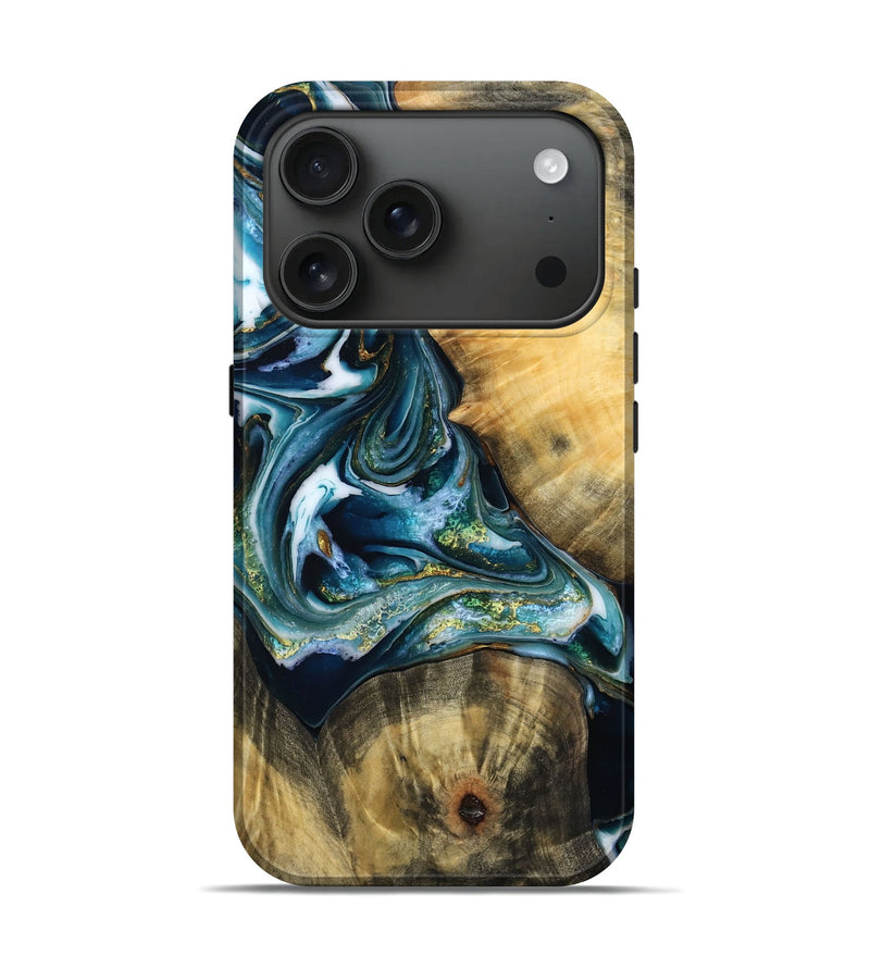 iPhone 17 Pro Wood Live Edge Phone Case - Yamilex (Teal & Gold, 781477)