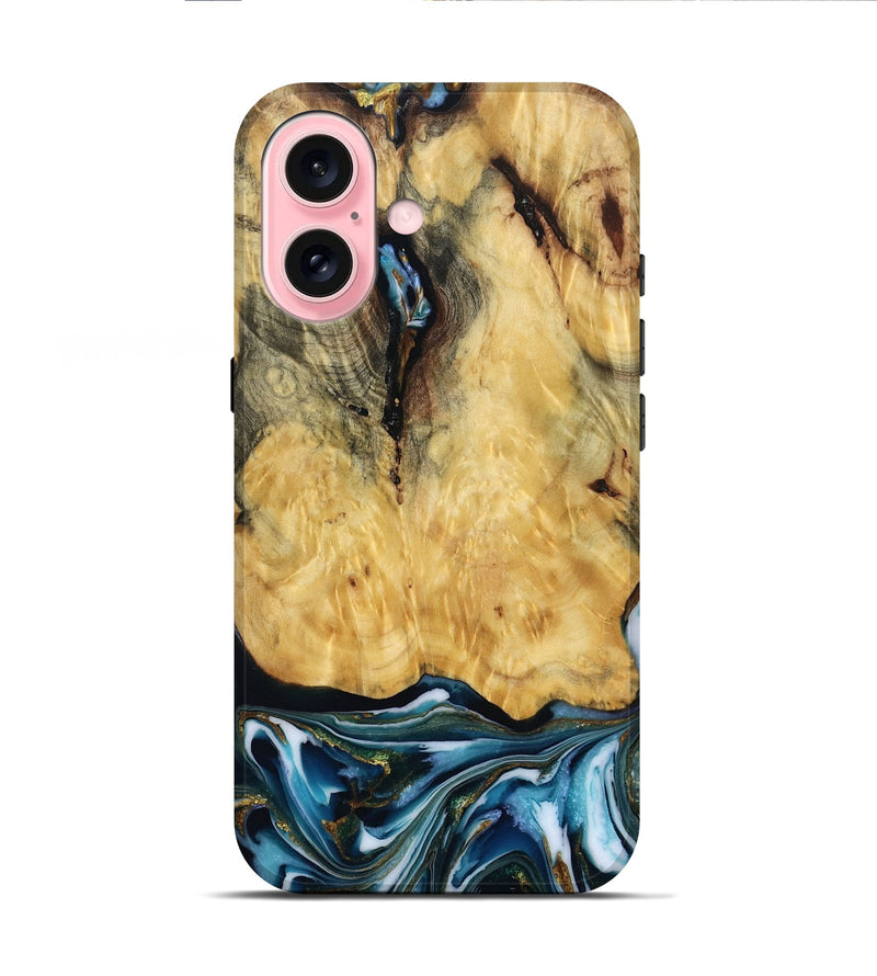 iPhone 16 Wood Live Edge Phone Case - Logan (Teal & Gold, 781478)
