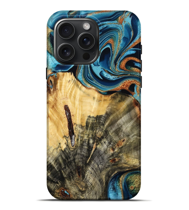 iPhone 16 Pro Max Wood Live Edge Phone Case - Lissie (Teal & Gold, 782873)