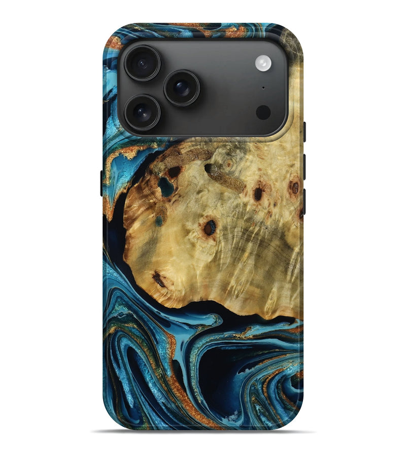 iPhone 17 Pro Max Wood Live Edge Phone Case - Ephriam (Teal & Gold, 782875)
