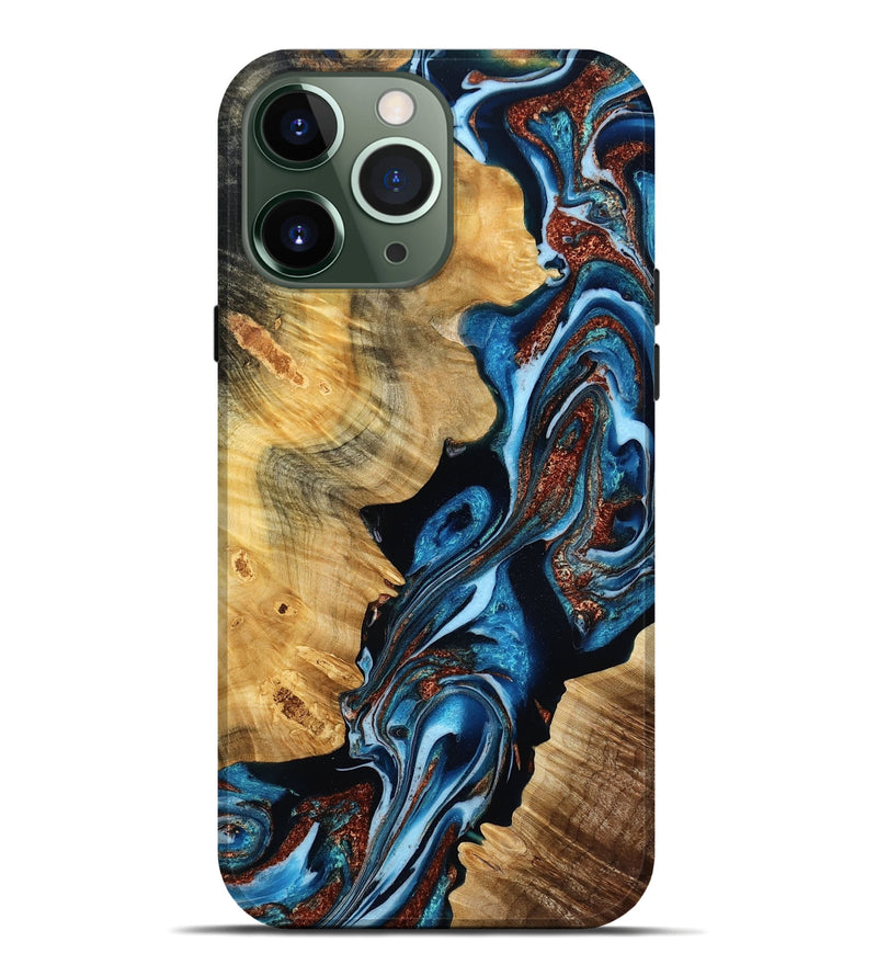 iPhone 13 Pro Max Wood Live Edge Phone Case - Nona (Teal & Gold, 782878)