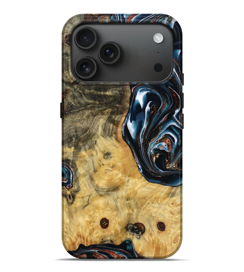 iPhone 17 Pro Max Wood Live Edge Phone Case - Alesia (Teal & Gold, 784283)