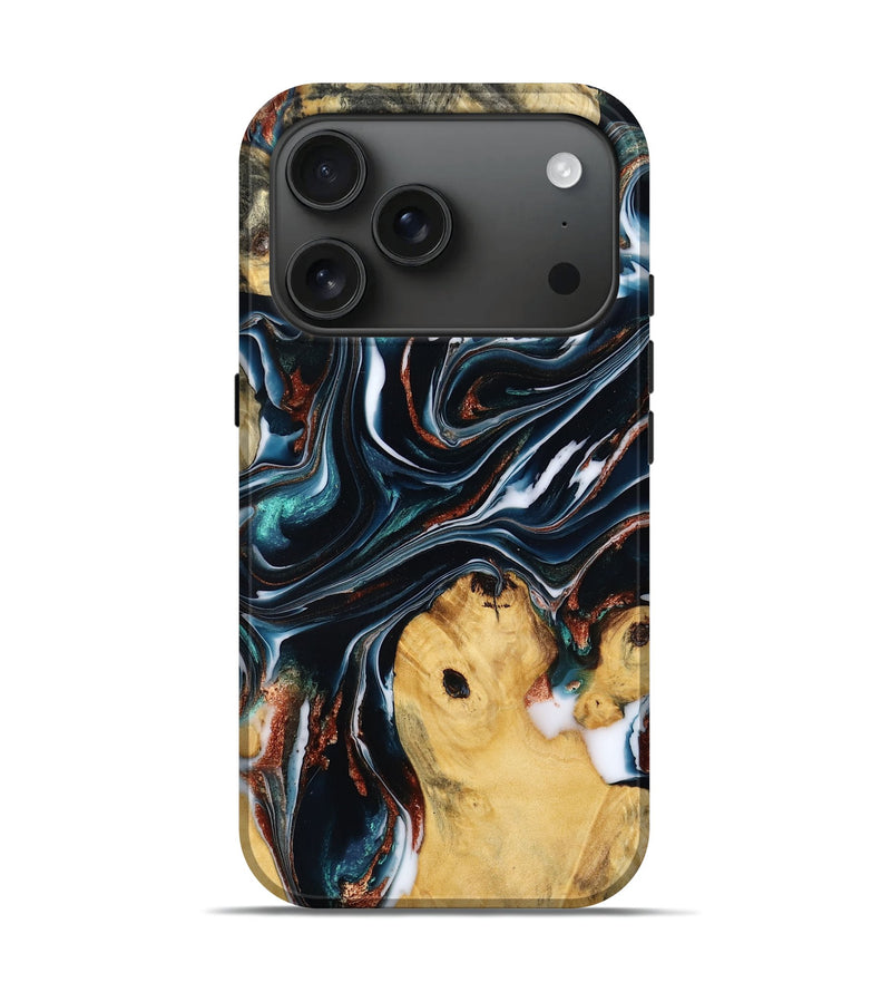 iPhone 17 Pro Wood Live Edge Phone Case - Cathryn (Teal & Gold, 784318)