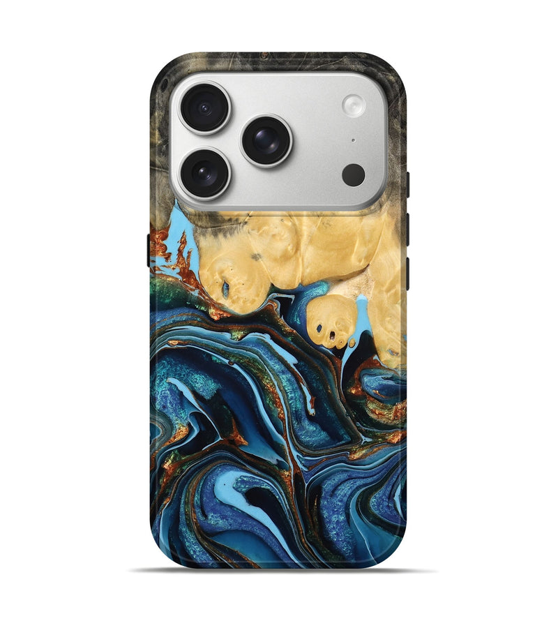 iPhone 17 Pro Wood Live Edge Phone Case - Ansley (Teal & Gold, 784653)