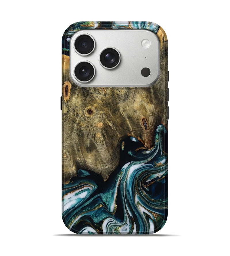 iPhone 17 Pro Wood Live Edge Phone Case - Lori (Teal & Gold, 785086)