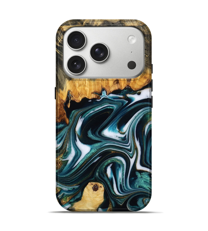 iPhone 17 Pro Wood Live Edge Phone Case - Geralyn (Teal & Gold, 785087)