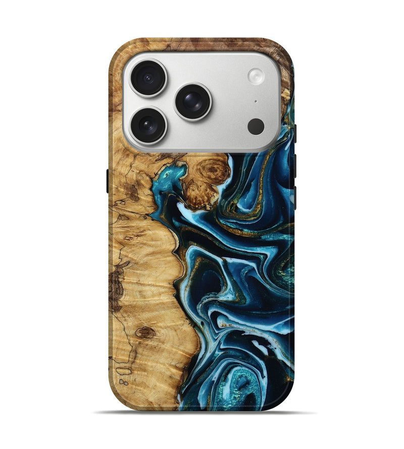 iPhone 17 Pro Wood Live Edge Phone Case - Kamora (Teal & Gold, 785719)