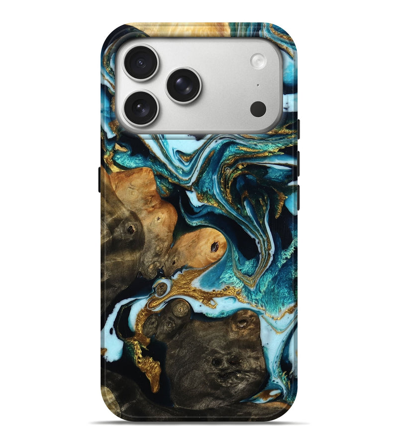 iPhone 17 Pro Max Wood Live Edge Phone Case - Lilia (Teal & Gold, 785721)