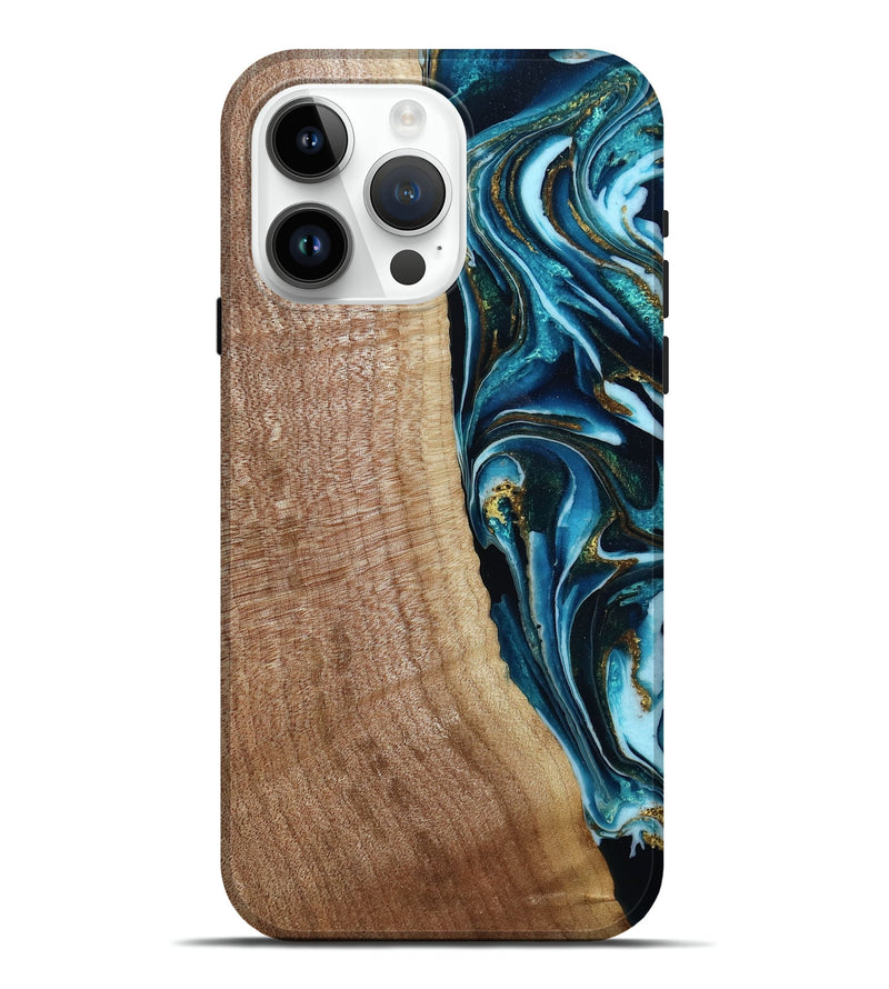 iPhone 15 Pro Max Wood Live Edge Phone Case - Jaden (Teal & Gold, 785739)