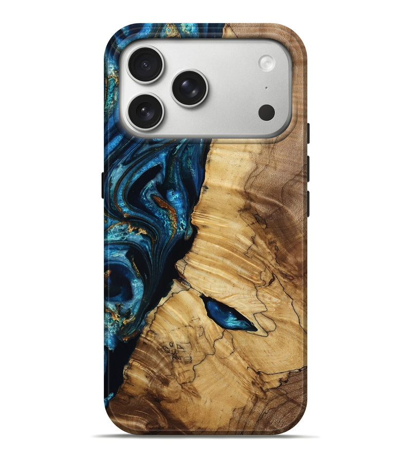iPhone 17 Pro Max Wood Live Edge Phone Case - Liv (Teal & Gold, 786183)