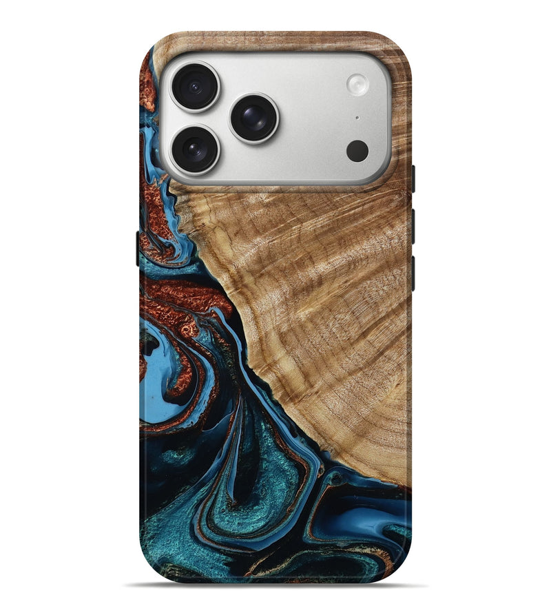 iPhone 17 Pro Max Wood Live Edge Phone Case - Claude (Teal & Gold, 786216)