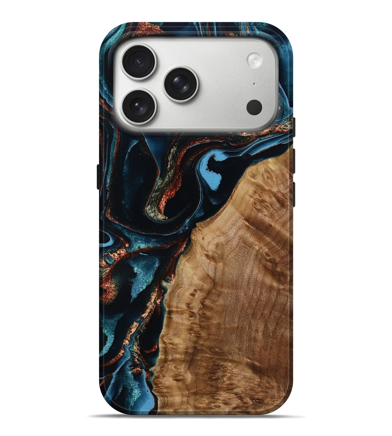 iPhone 17 Pro Max Wood Live Edge Phone Case - Vicente (Teal & Gold, 786219)
