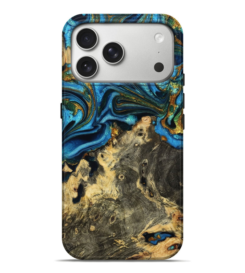 iPhone 17 Pro Max Wood Live Edge Phone Case - Albin (Teal & Gold, 786223)