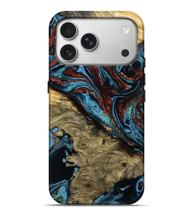 iPhone 17 Pro Max Wood Live Edge Phone Case - Bowen (Teal & Gold, 786225)