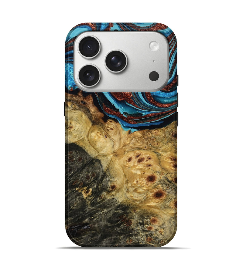 iPhone 17 Pro Wood Live Edge Phone Case - Jeffry (Teal & Gold, 786759)
