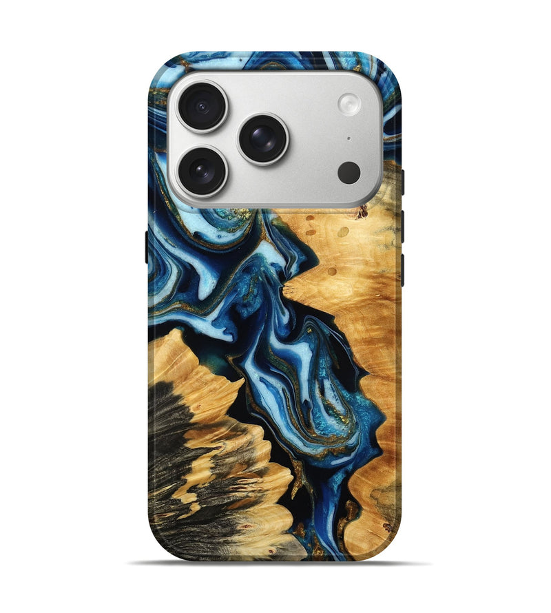 iPhone 17 Pro Wood Live Edge Phone Case - Finnley (Teal & Gold, 786961)