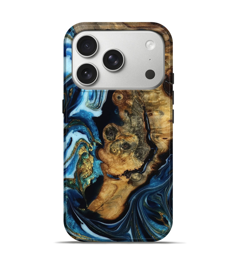 iPhone 17 Pro Wood Live Edge Phone Case - Felecia (Teal & Gold, 786971)