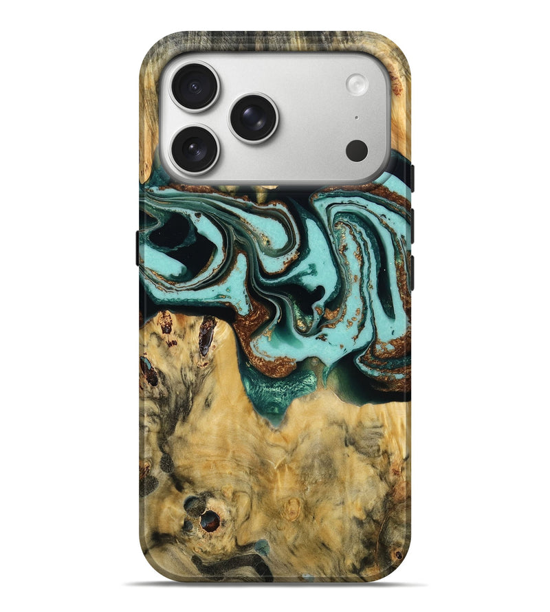 iPhone 17 Pro Max Wood Live Edge Phone Case - Emeline (Teal & Gold, 786999)