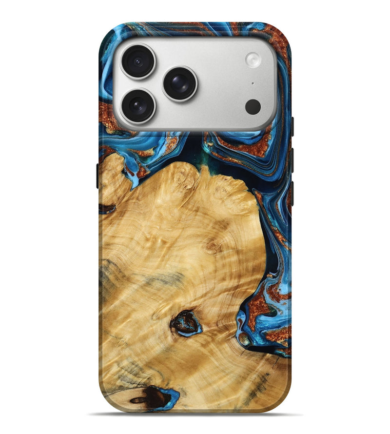 iPhone 17 Pro Max Wood Live Edge Phone Case - Ada (Teal & Gold, 787001)