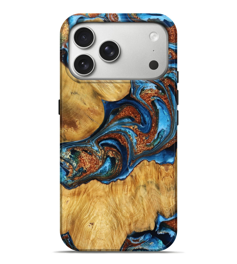 iPhone 17 Pro Max Wood Live Edge Phone Case - Jalen (Teal & Gold, 787028)