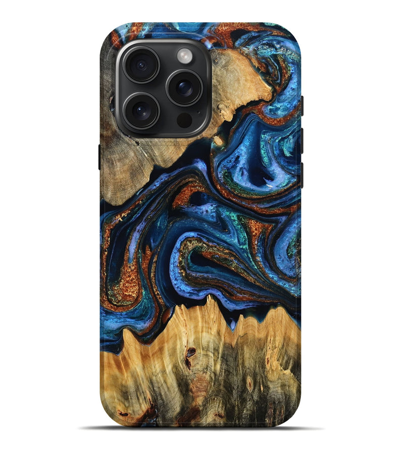 iPhone 16 Pro Max Wood Live Edge Phone Case - Adda (Teal & Gold, 787036)