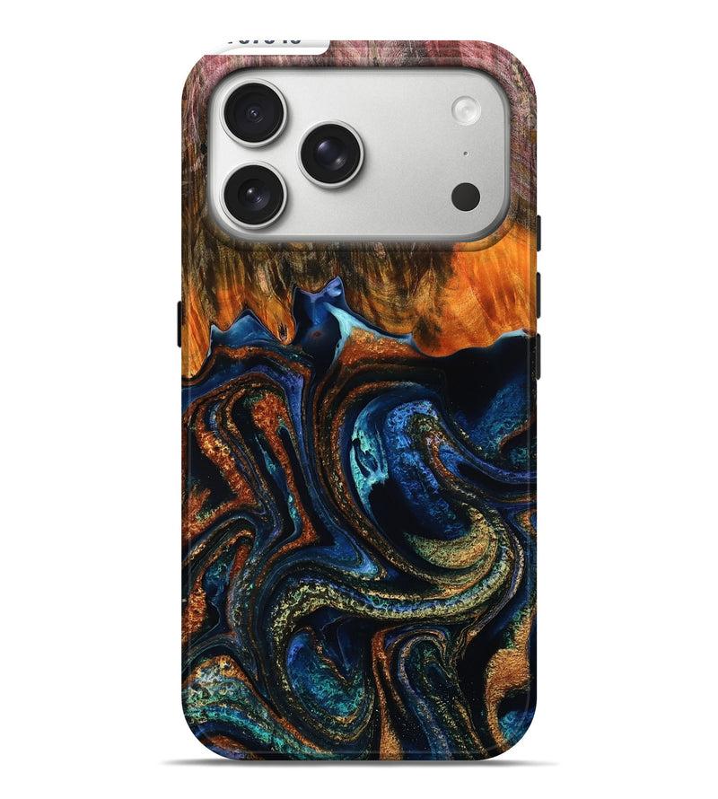 iPhone 17 Pro Max Wood Live Edge Phone Case - Adriel (Teal & Gold, 787046)