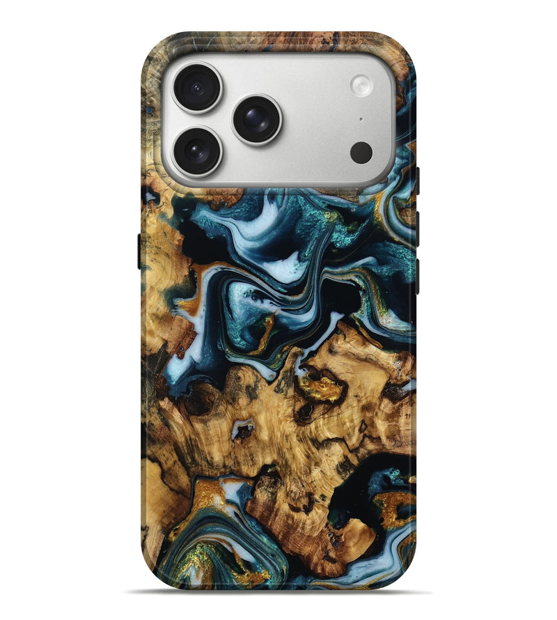 iPhone 17 Pro Max Wood Live Edge Phone Case - Jadiel (Teal & Gold, 787320)