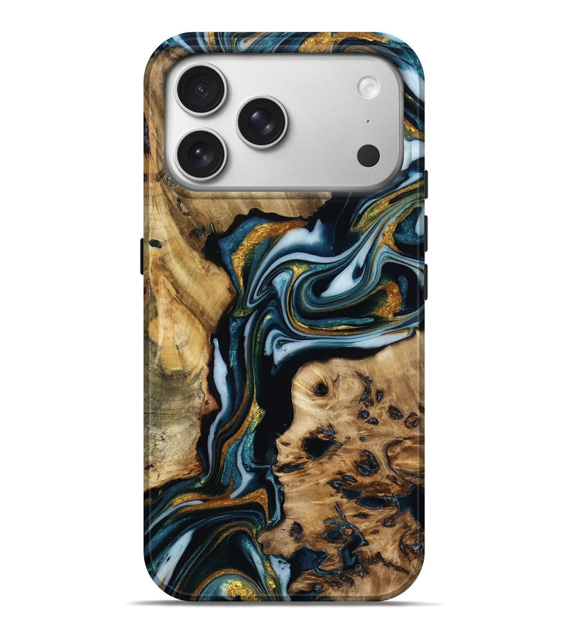 iPhone 17 Pro Max Wood Live Edge Phone Case - Hamza (Teal & Gold, 787334)