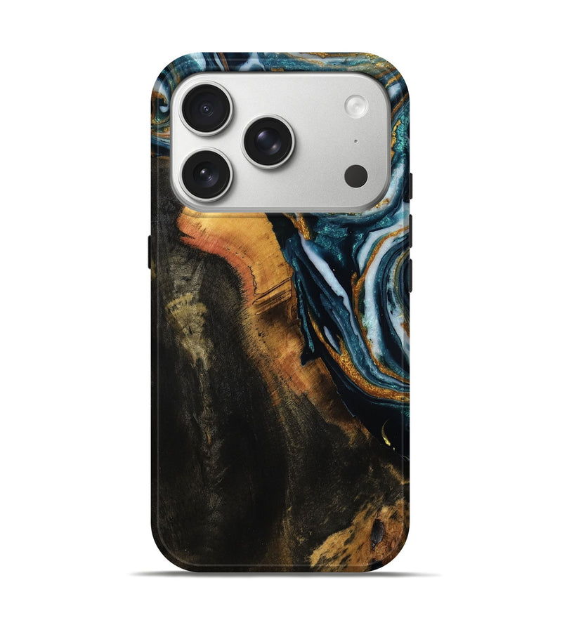 iPhone 17 Pro Wood Live Edge Phone Case - Cassius (Teal & Gold, 787335)