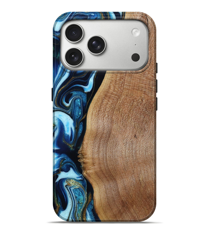 iPhone 17 Pro Max Wood Live Edge Phone Case - Kendra (Teal & Gold, 787358)