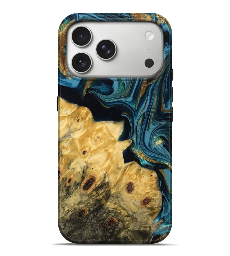 iPhone 17 Pro Max Wood Live Edge Phone Case - Deron (Teal & Gold, 787754)