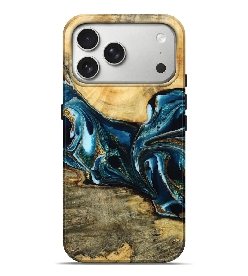 iPhone 17 Pro Max Wood Live Edge Phone Case - Yehuda (Teal & Gold, 787756)