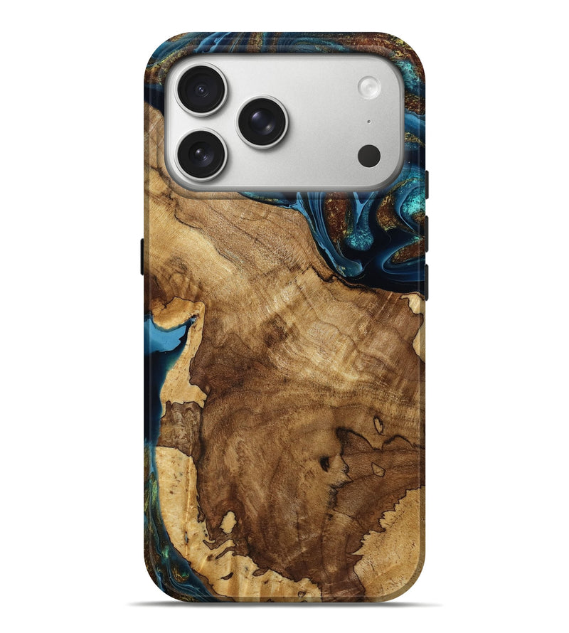 iPhone 17 Pro Max Wood Live Edge Phone Case - Stone (Teal & Gold, 787764)