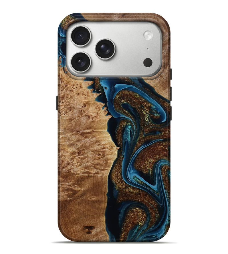 iPhone 17 Pro Max Wood Live Edge Phone Case - Katlin (Teal & Gold, 787768)