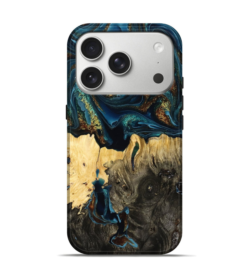iPhone 17 Pro Wood Live Edge Phone Case - Teddy (Teal & Gold, 787772)