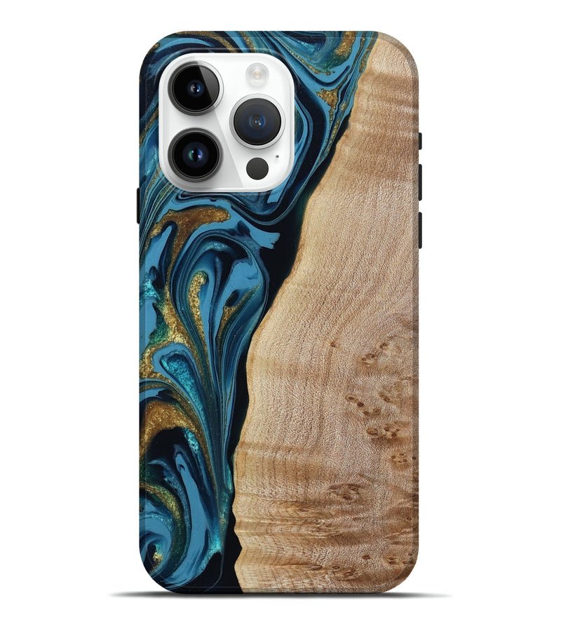 iPhone 15 Pro Max Wood Live Edge Phone Case - Hallie (Teal & Gold, 787799)