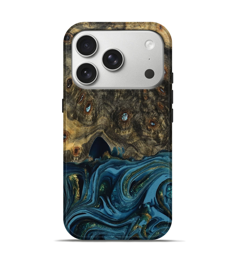 iPhone 17 Pro Wood Live Edge Phone Case - Jazmin (Teal & Gold, 787800)