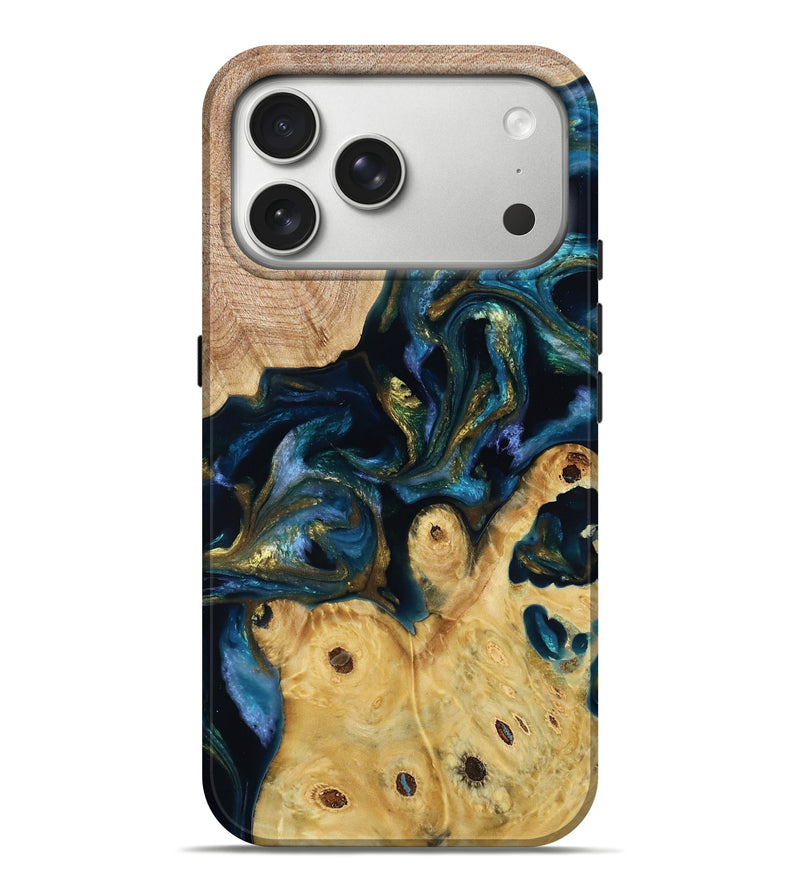 iPhone 17 Pro Max Wood Live Edge Phone Case - Juniper (Teal & Gold, 787951)