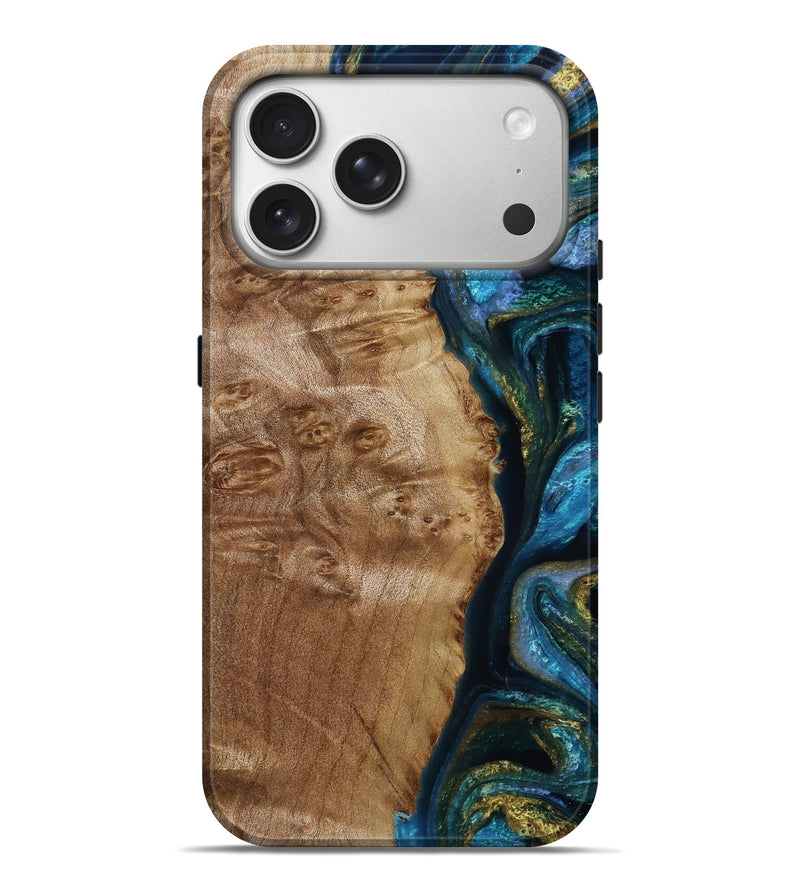 iPhone 17 Pro Max Wood Live Edge Phone Case - Jami (Teal & Gold, 787961)