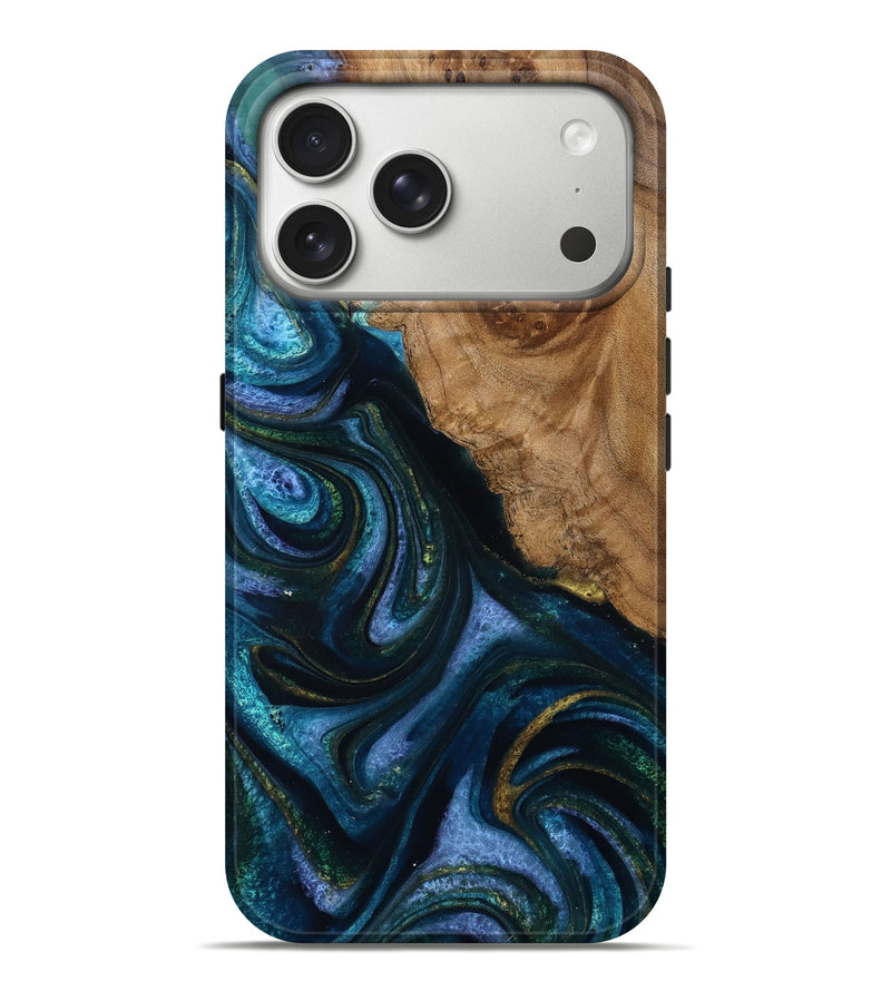 iPhone 17 Pro Max Wood Live Edge Phone Case - Van (Teal & Gold, 787963)