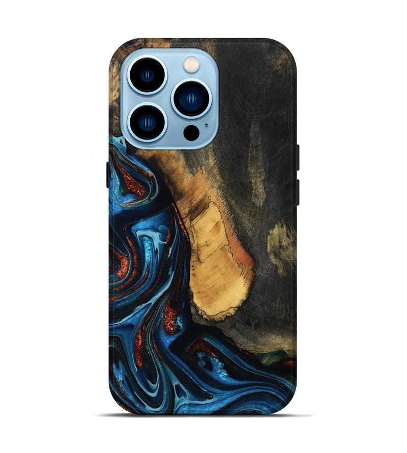 iPhone 14 Pro Wood Live Edge Phone Case - Ensley (Teal & Gold, 788626)