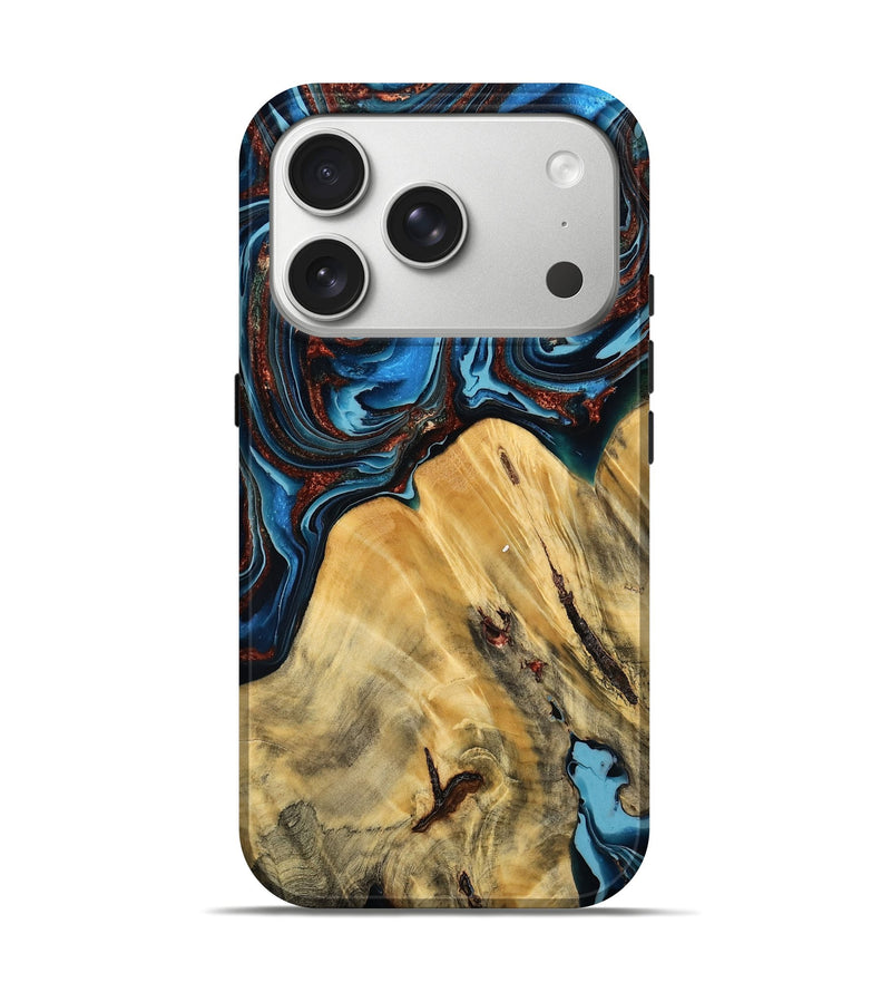 iPhone 17 Pro Wood Live Edge Phone Case - Hamza (Teal & Gold, 788633)