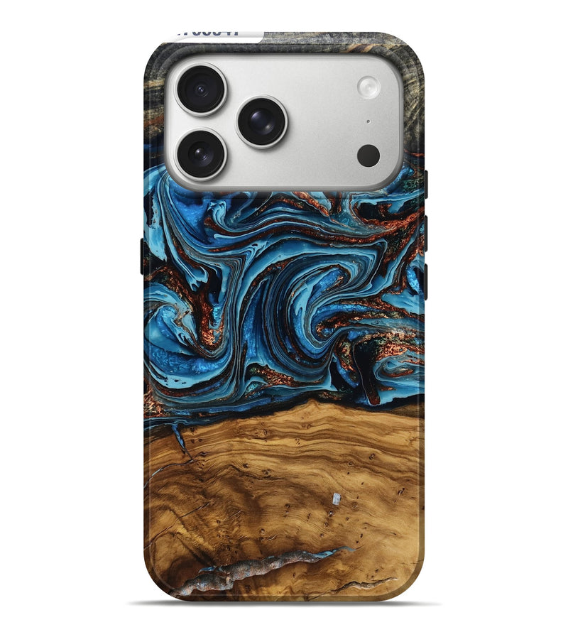 iPhone 17 Pro Max Wood Live Edge Phone Case - Taina (Teal & Gold, 788647)