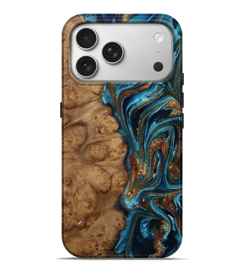 iPhone 17 Pro Max Wood Live Edge Phone Case - Joni (Teal & Gold, 788839)